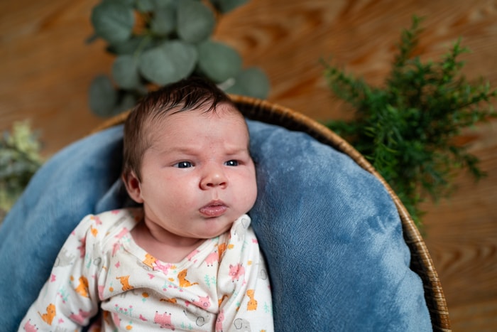 Newborn baby with eyes open.